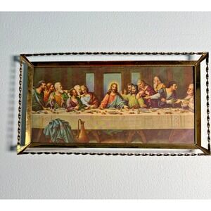 Vintage Last Supper Picture Jewelry Tray Twisted Spiral Gold Metal‎ Frame 15 x 8